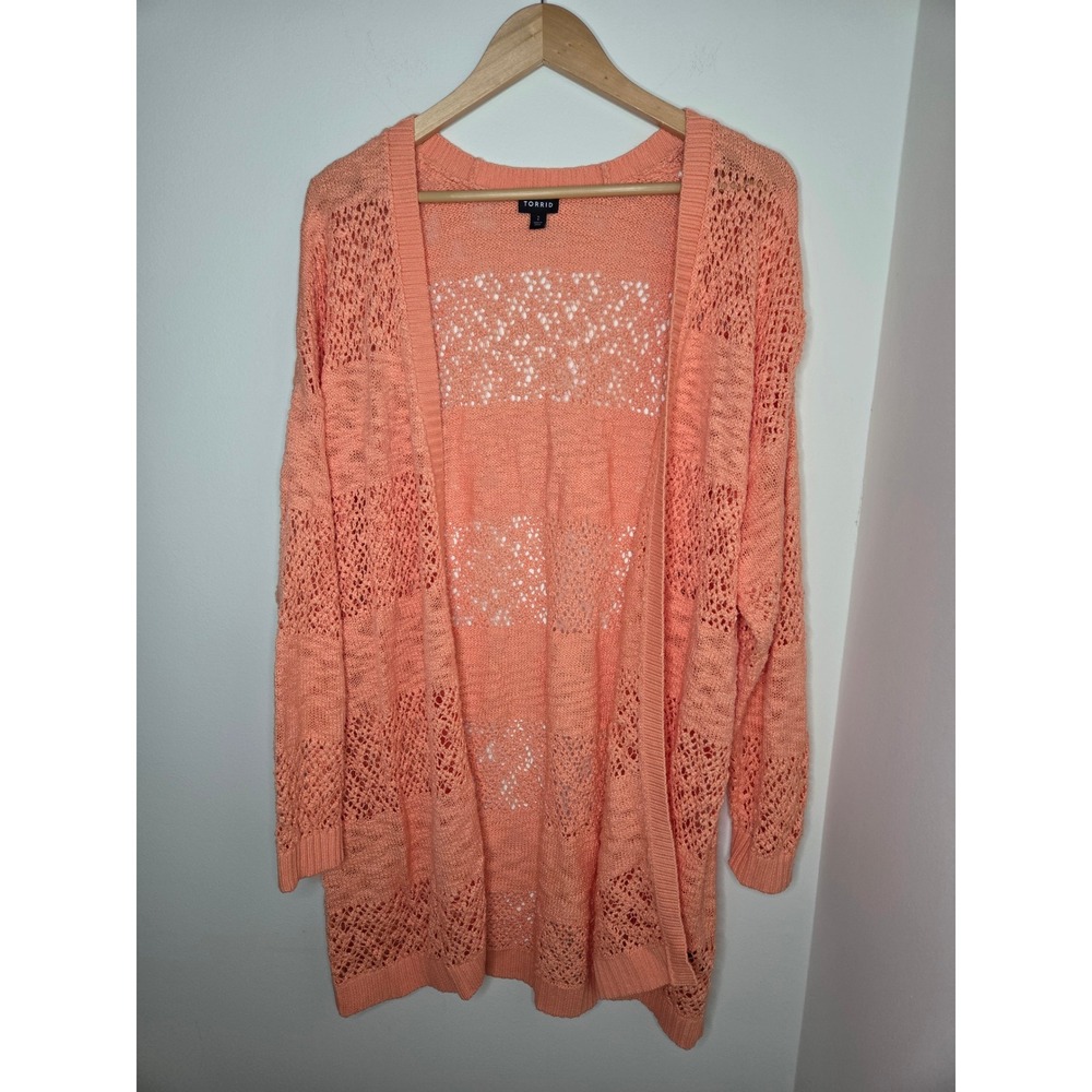 Torrid Coral Peach Pointelle Crochet Open Front Cardigan Plus Size 2 Longline